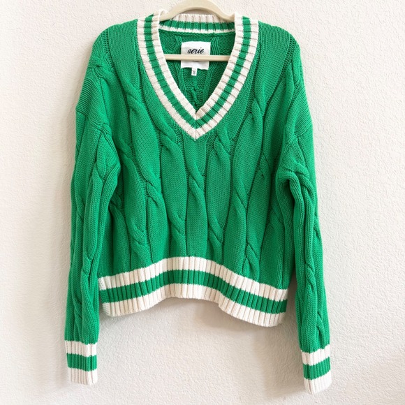 aerie Sweaters - Aerie Kelly Green Cable Knit Varsity V-Neck Sweater Sz‎ S Cotton Tennis Prep